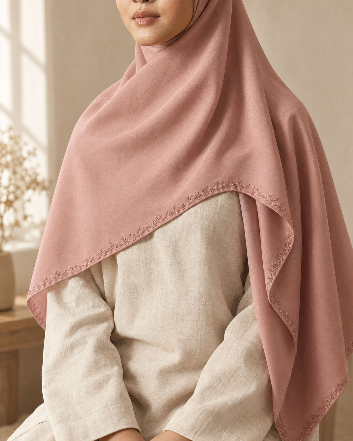 Nuréa Sulam Series warna Dusty Rose saat dipakai, sulam tepi terlihat di dada