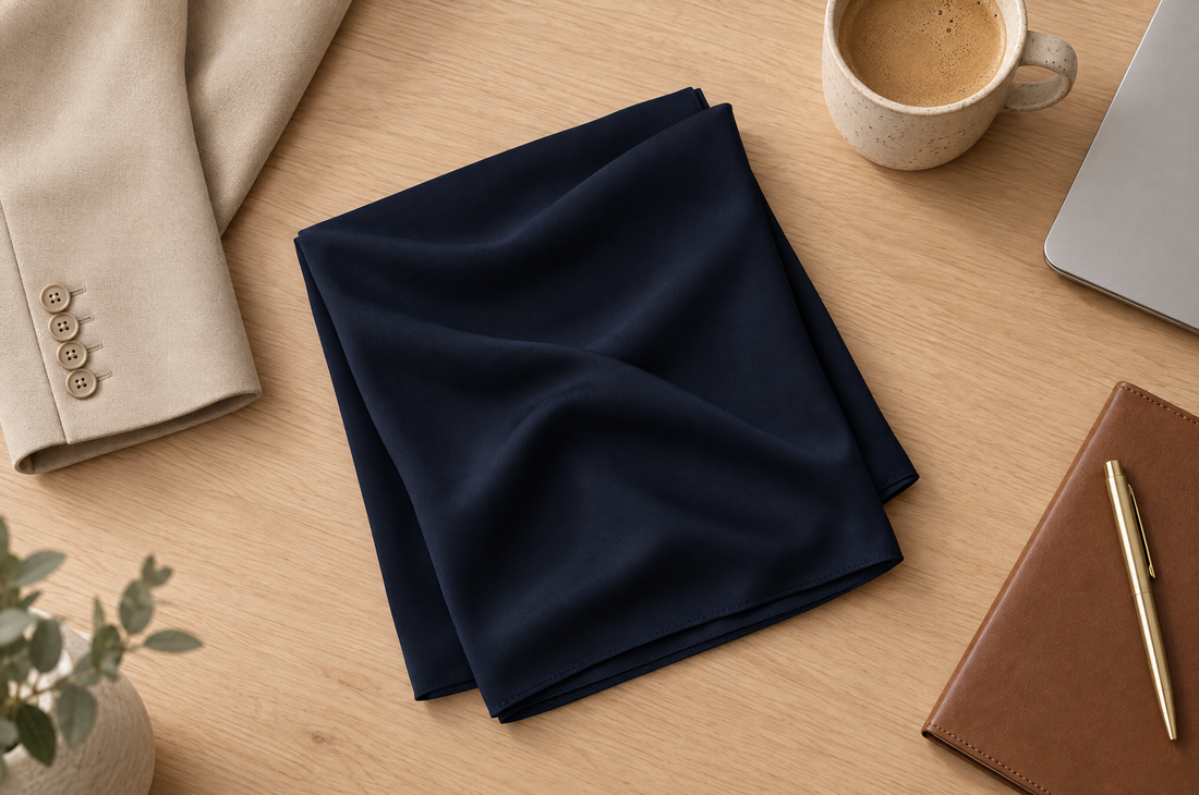 Bawal Biru Malam di atas meja kerja kayu bersama blazer, buku catatan kulit, pena emas, dan kopi