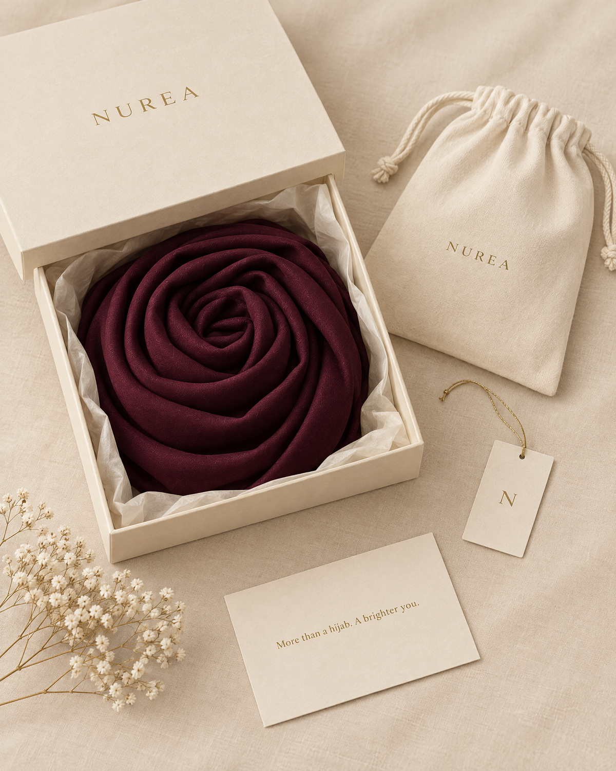 Kotak hadiah NURÉA terbuka berisi bawal Anggur Plum, lengkap dengan pouch serut, kartu ucapan, dan hang tag emas