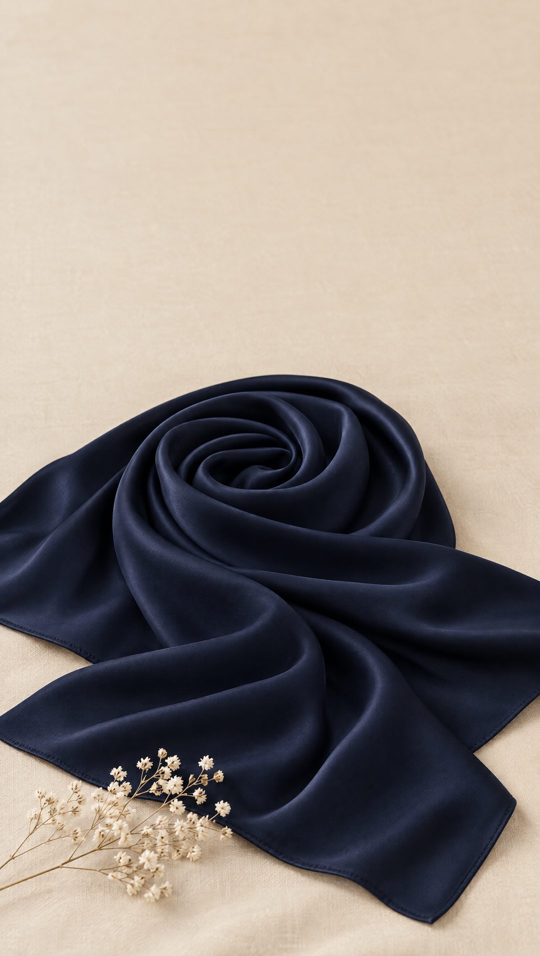 Bawal Nuréa warna Biru Malam terjatuh lembut di atas kain linen krem, dengan setangkai bunga baby's breath