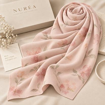 Nuréa Bloom Series warna Blush Bloom, bawal motif bunga cat air