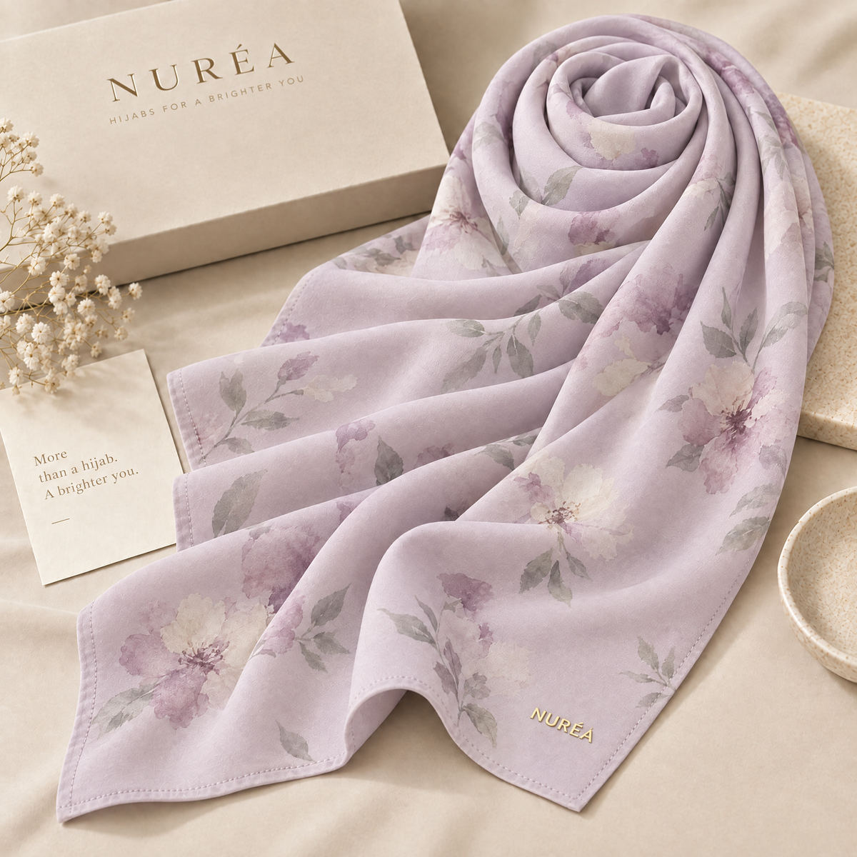 Nuréa Bloom Series warna Lilac Bloom, bawal motif bunga cat air