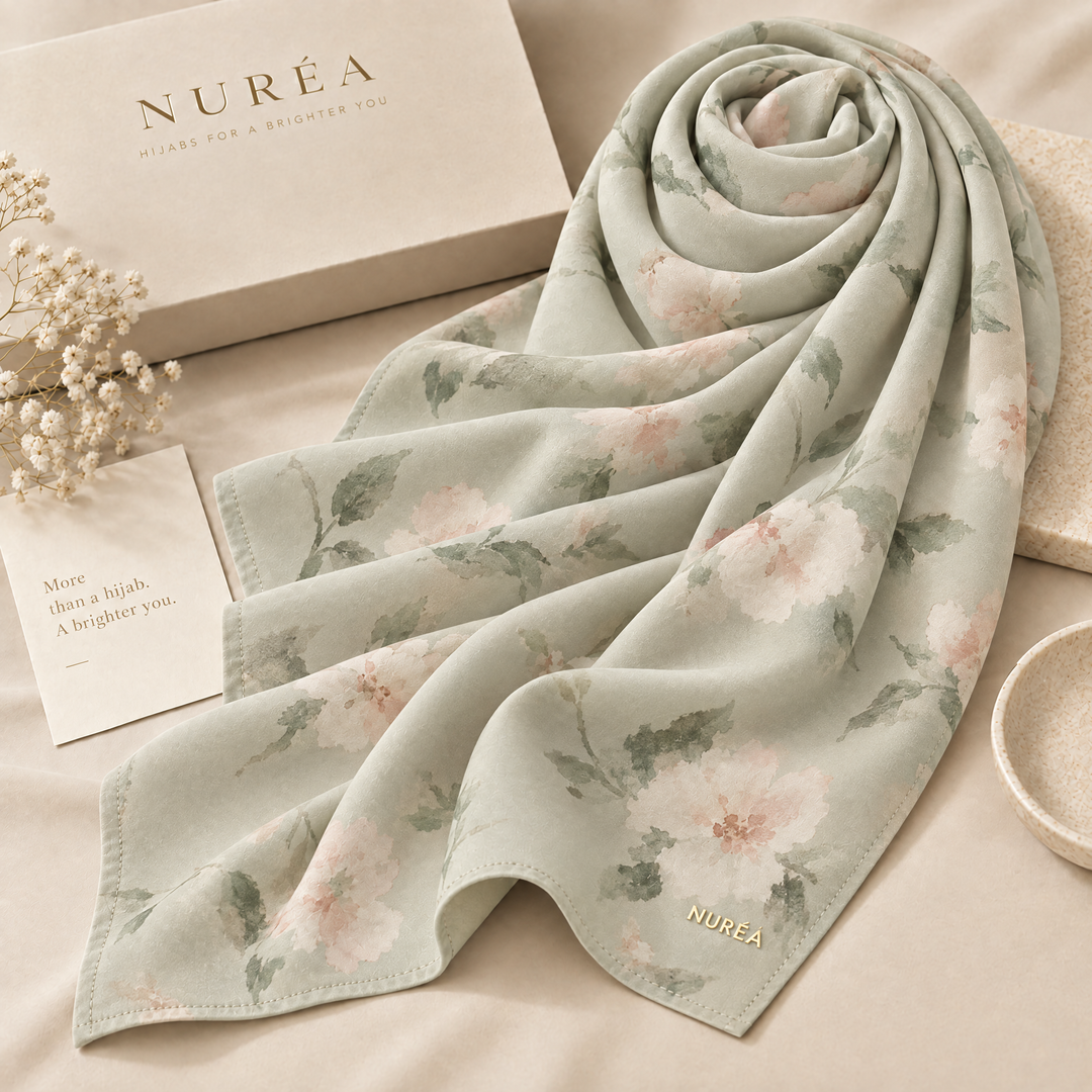 Nuréa Bloom Series warna Sage Bloom, bawal motif bunga cat air