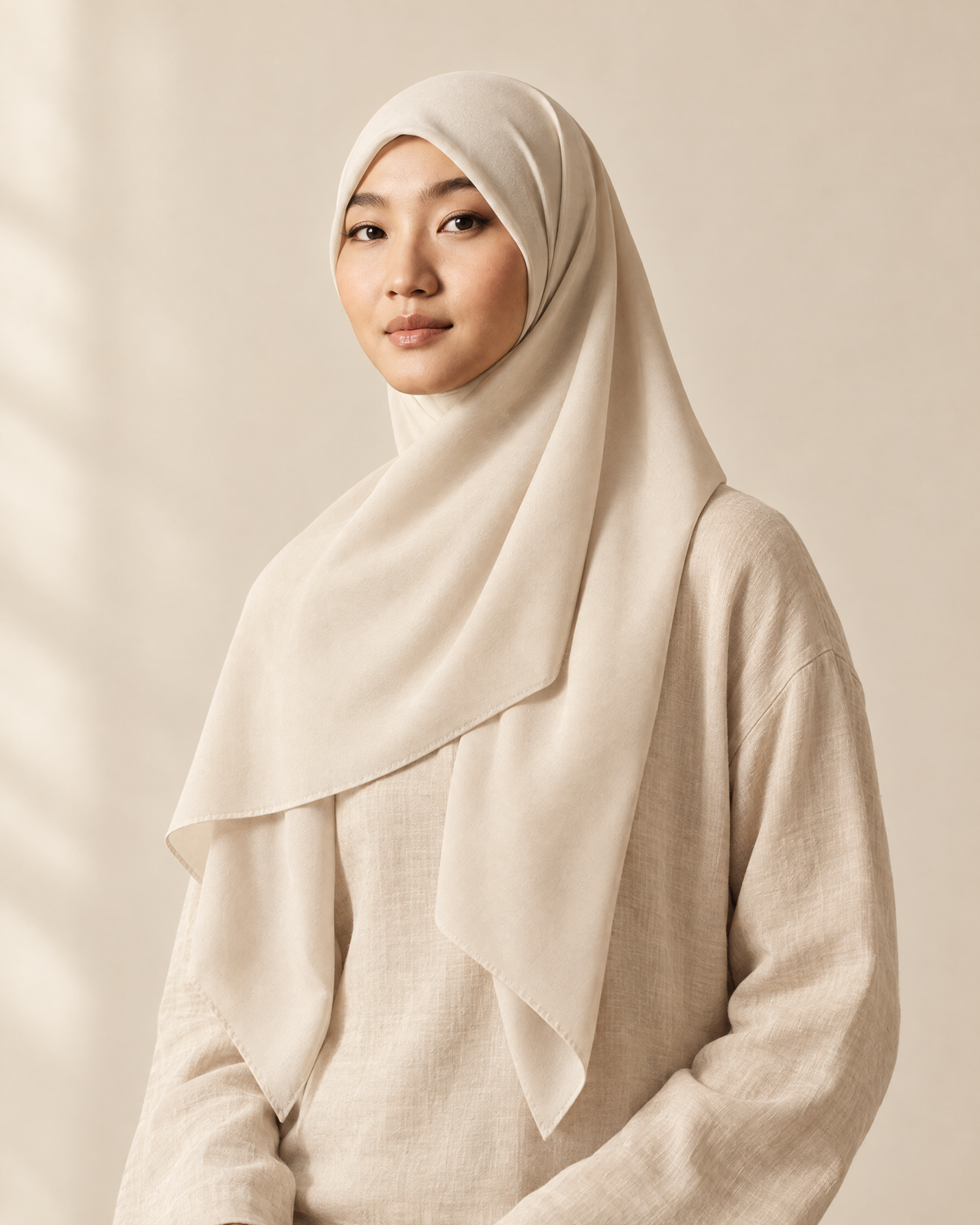 Hijab bawal segi empat Nuréa warna Gading (Ivory) dipakai model, tampak depan setengah badan