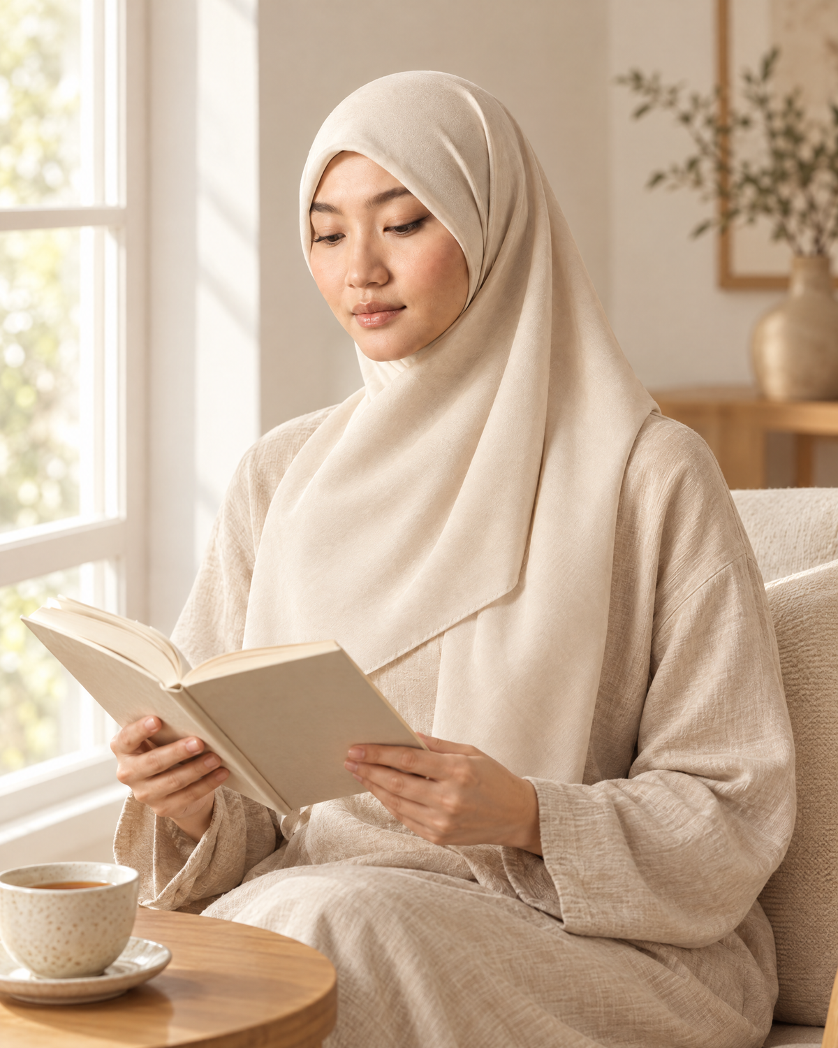 Hijab bawal segi empat Nuréa warna Gading (Ivory) dipakai membaca buku di dekat jendela rumah