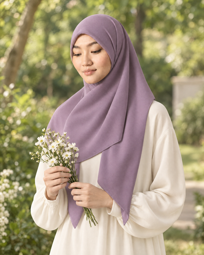 Hijab bawal segi empat Nuréa warna Lavender (Lavender Mist) dipakai berjalan di taman sambil memegang bunga putih