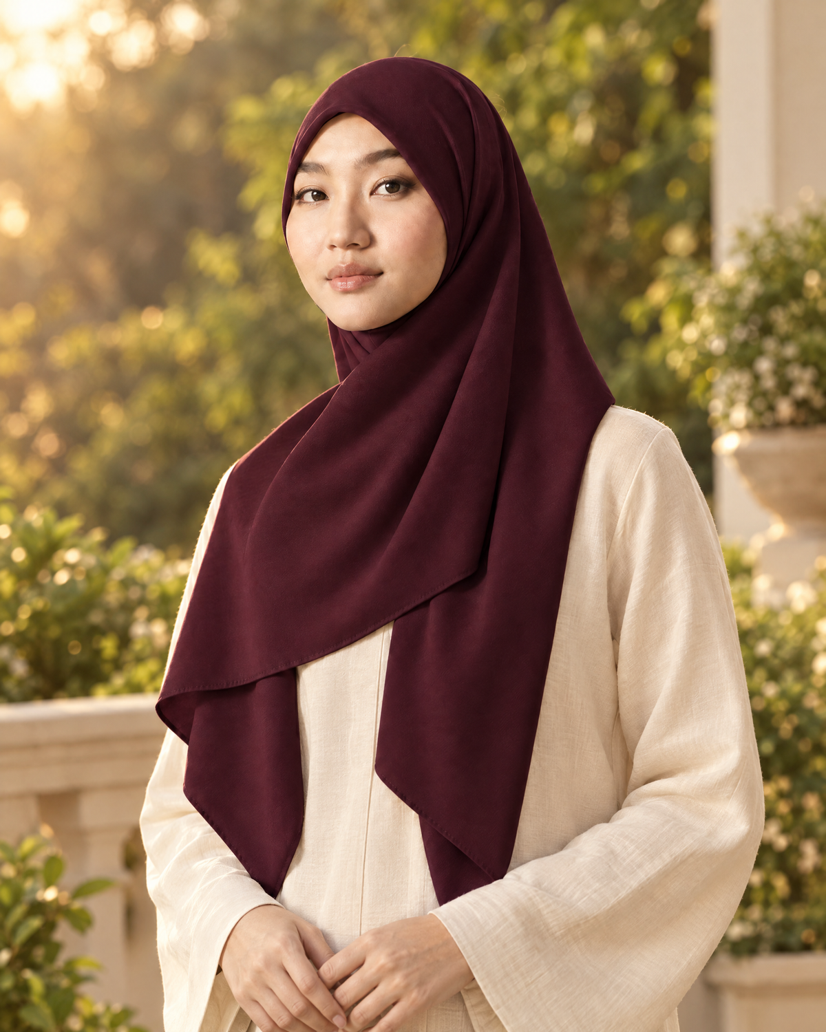 Hijab bawal segi empat Nuréa warna Anggur Plum (Plum Wine) dipakai ke acara keluarga di teras taman sore hari