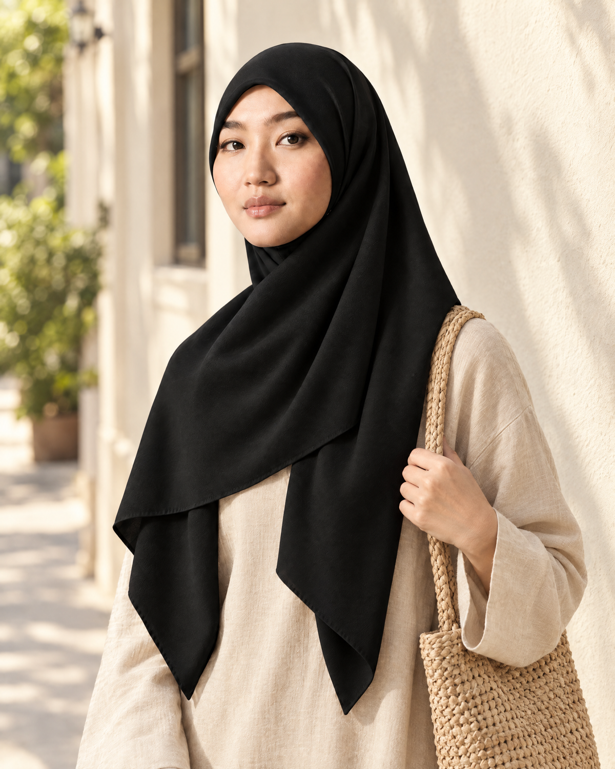 Hijab bawal segi empat Nuréa warna Hitam Pekat (Deep Black) dipakai jalan santai dengan tas anyaman