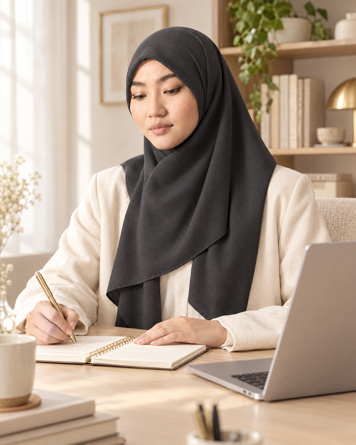 Hijab bawal segi empat Nuréa warna Abu Arang (Charcoal Grey) dipakai bekerja di meja dengan laptop dan buku catatan
