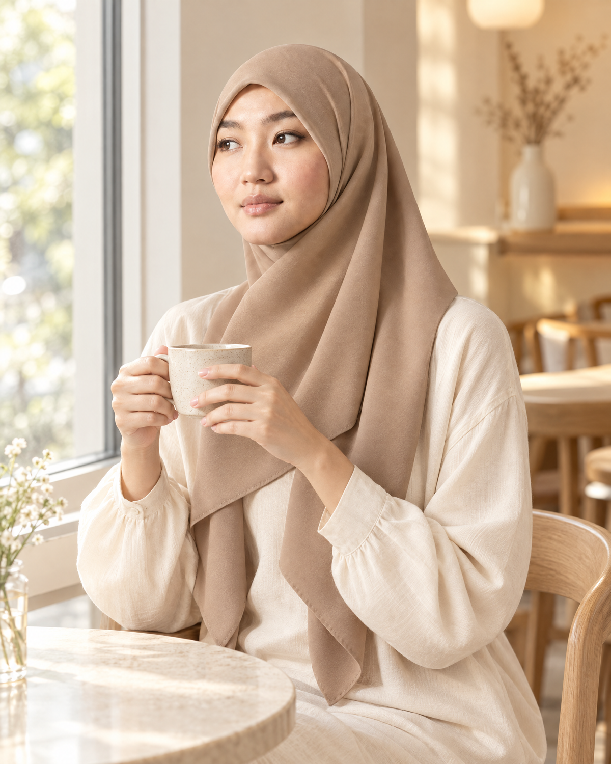 Hijab bawal segi empat Nuréa warna Krem (Beige) dipakai santai di kafe sambil memegang cangkir