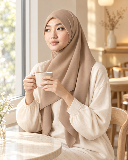 Hijab bawal segi empat Nuréa warna Krem (Beige) dipakai santai di kafe sambil memegang cangkir