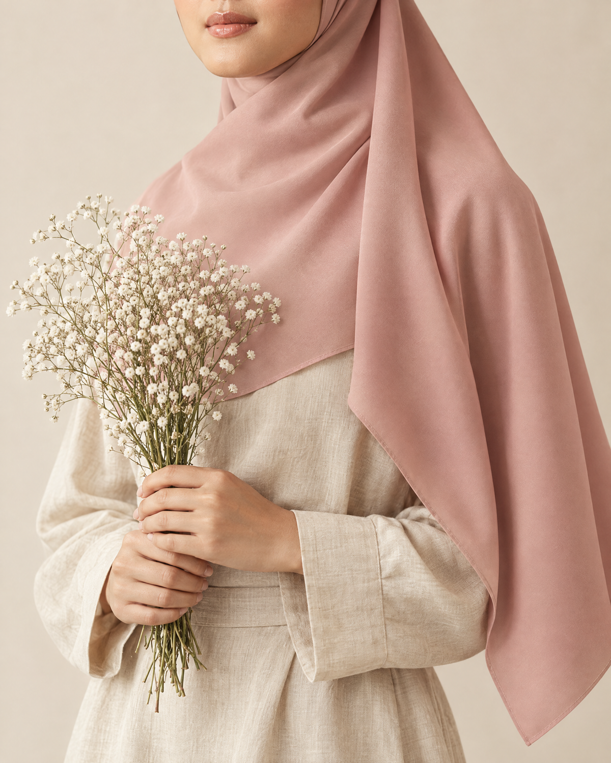 Perempuan memakai bawal Merah Muda Lembut yang dilempar ke bahu, memegang buket bunga baby's breath
