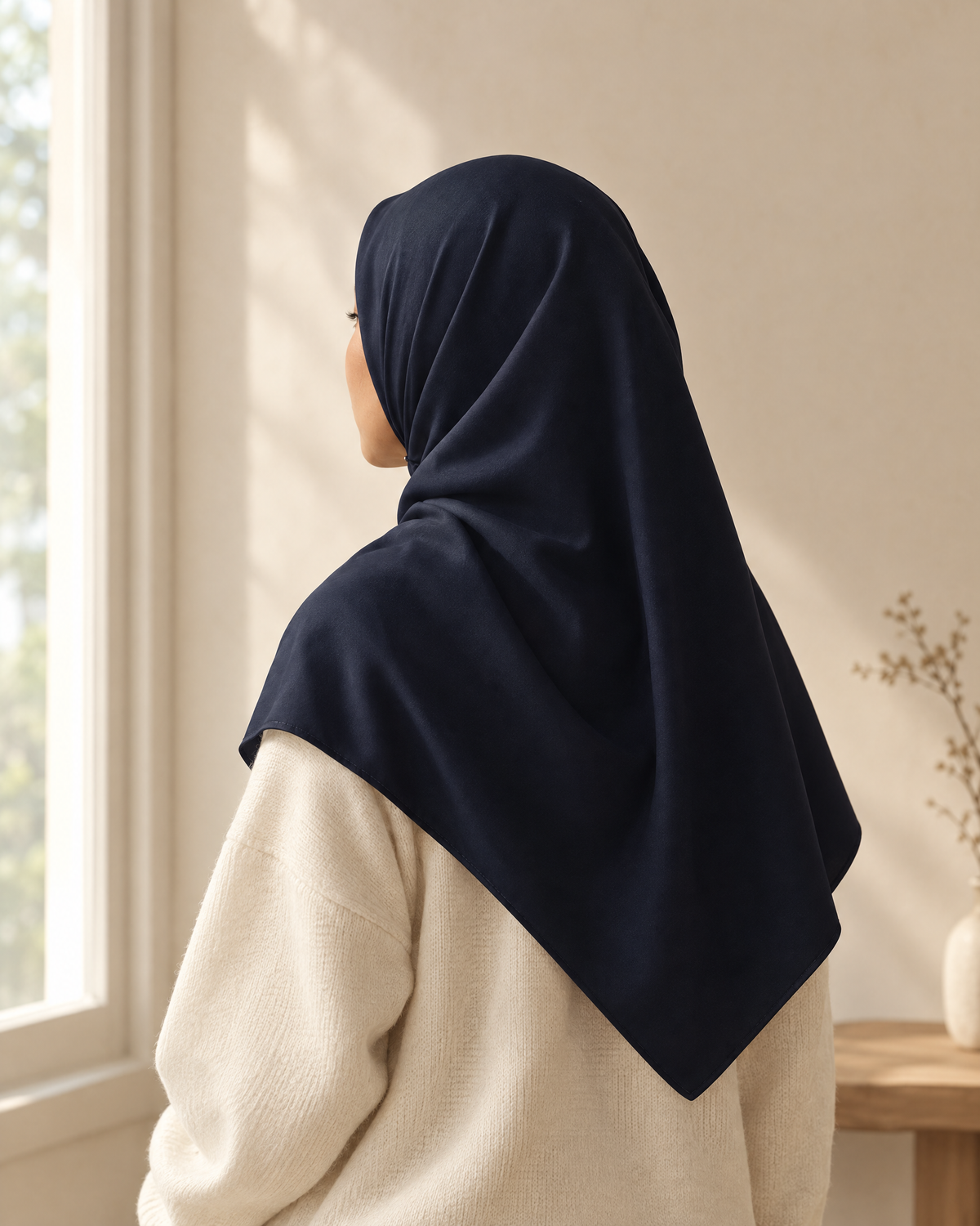 Perempuan berbaju rajut krem memakai bawal Biru Malam, terlihat dari belakang sambil menatap jendela