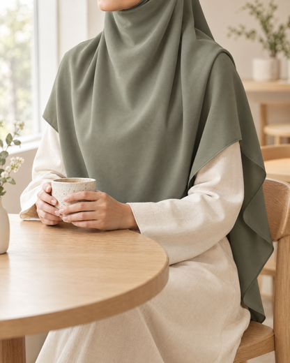 Perempuan memakai bawal Hijau Sage menutup dada, duduk di kafe sambil memegang cangkir keramik