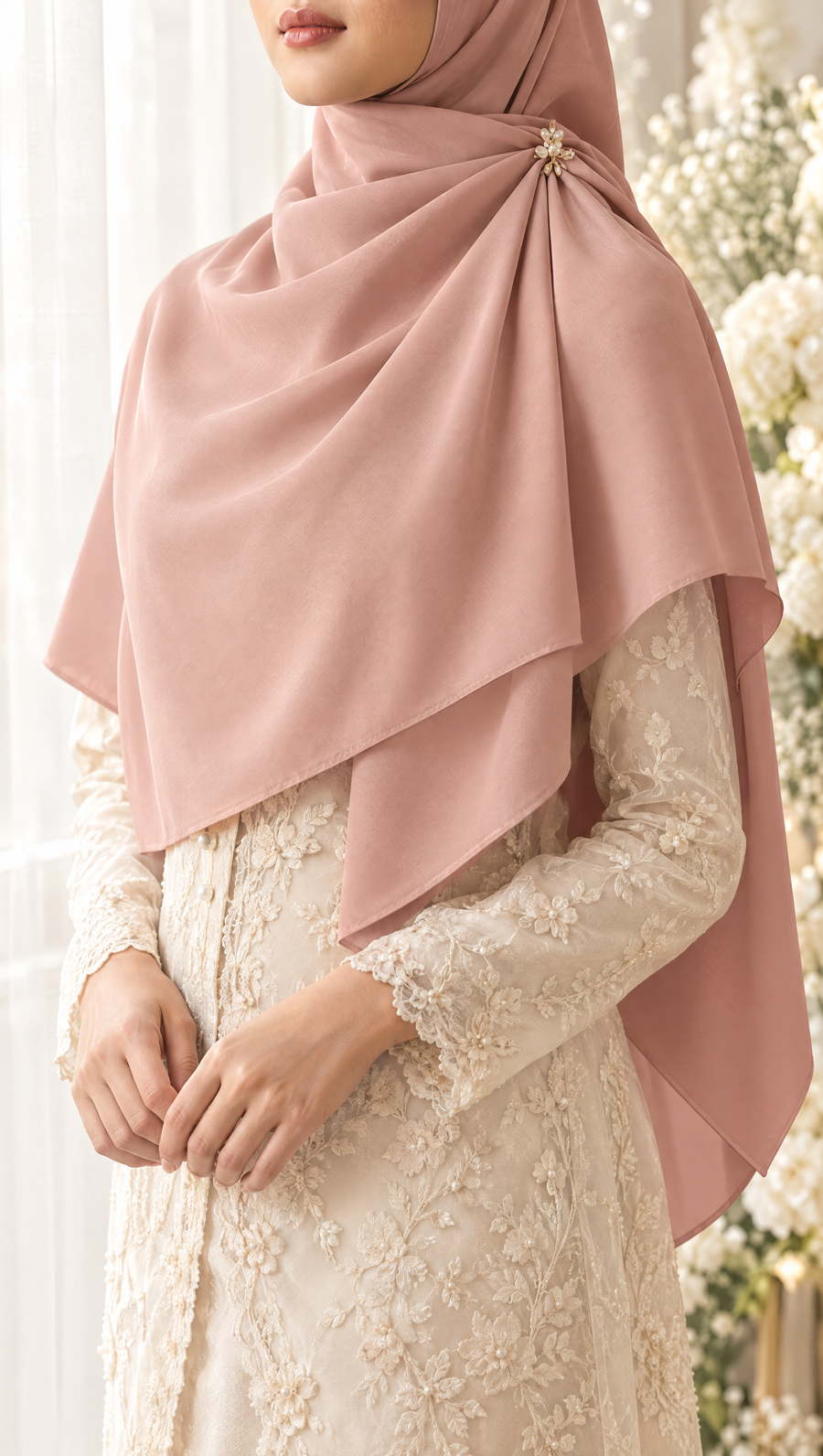 Gaya Kondangan Anggun: bawal Merah Muda Lembut bervolume dengan bros emas kecil dan kebaya krem