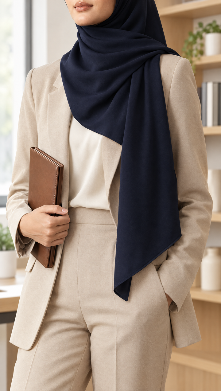 Gaya Kantor Rapi: bawal Biru Malam dengan ujung dilempar ke bahu, dipadukan blazer krem