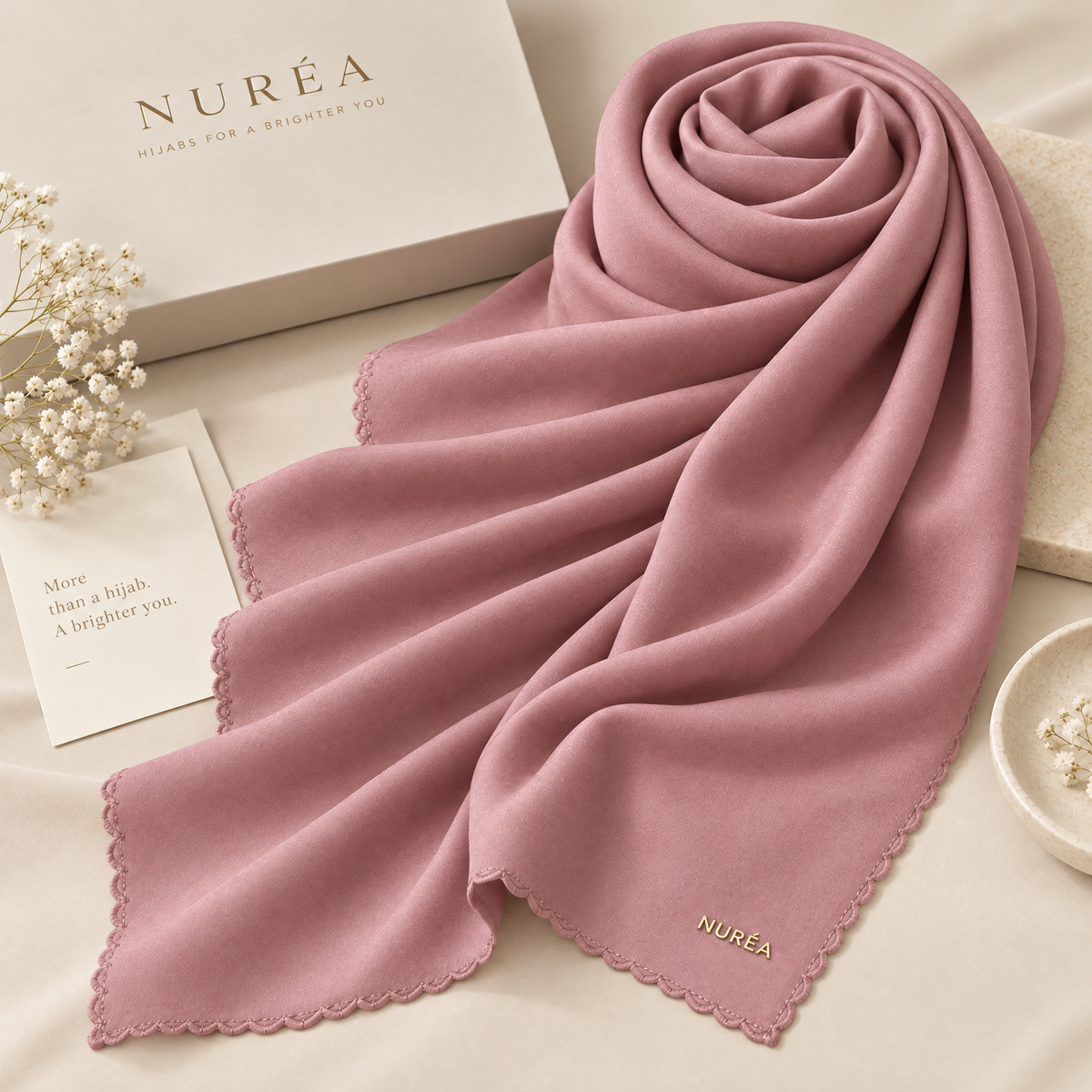 Bawal segi empat Nuréa Hijab warna Merah Muda Lembut