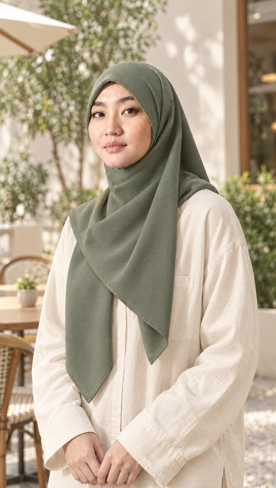 Gaya Santai untuk Hangout: bawal Hijau Sage dengan satu ujung dilempar ke bahu
